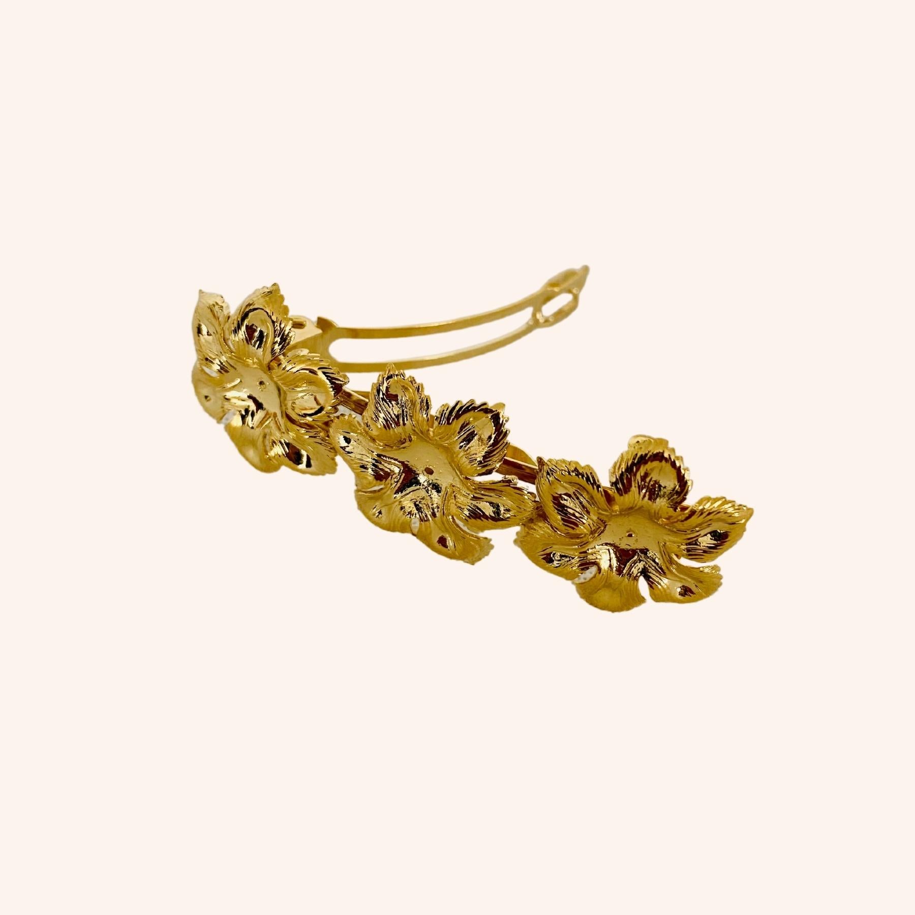 Petite barrette cheveux femme dorée clip de qulalité 3 fleurs made in France